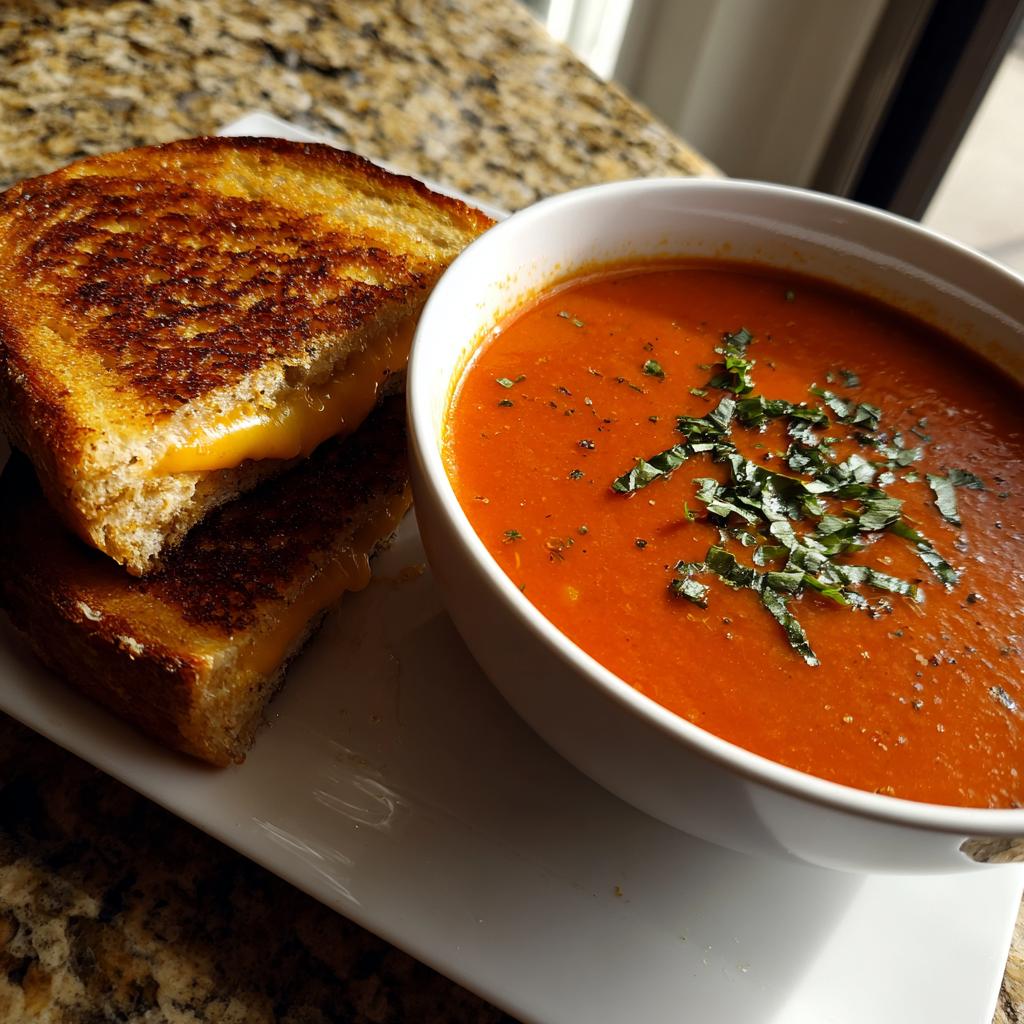 A bowl of creamy tomato basil soup garnished with fresh basil, served with a perfectly grilled cheese sandwich.