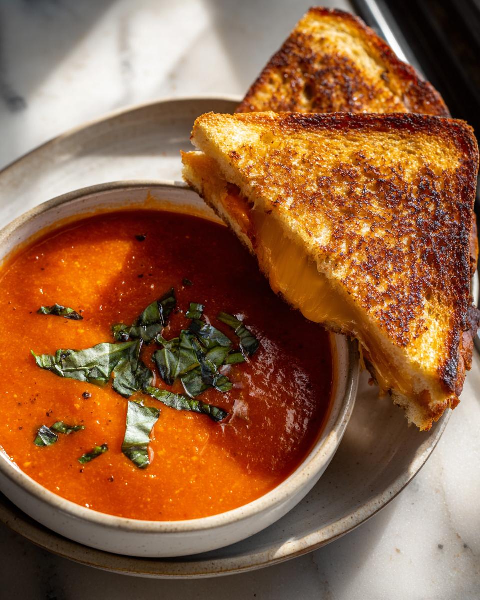 A bowl of creamy tomato basil soup topped with fresh basil, served with a golden-brown grilled cheese sandwich.