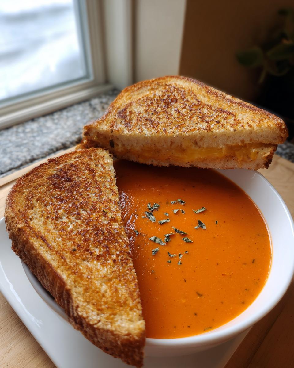 A bowl of creamy tomato basil soup served with a golden-brown grilled cheese sandwich, a perfect pairing for soup recipes.