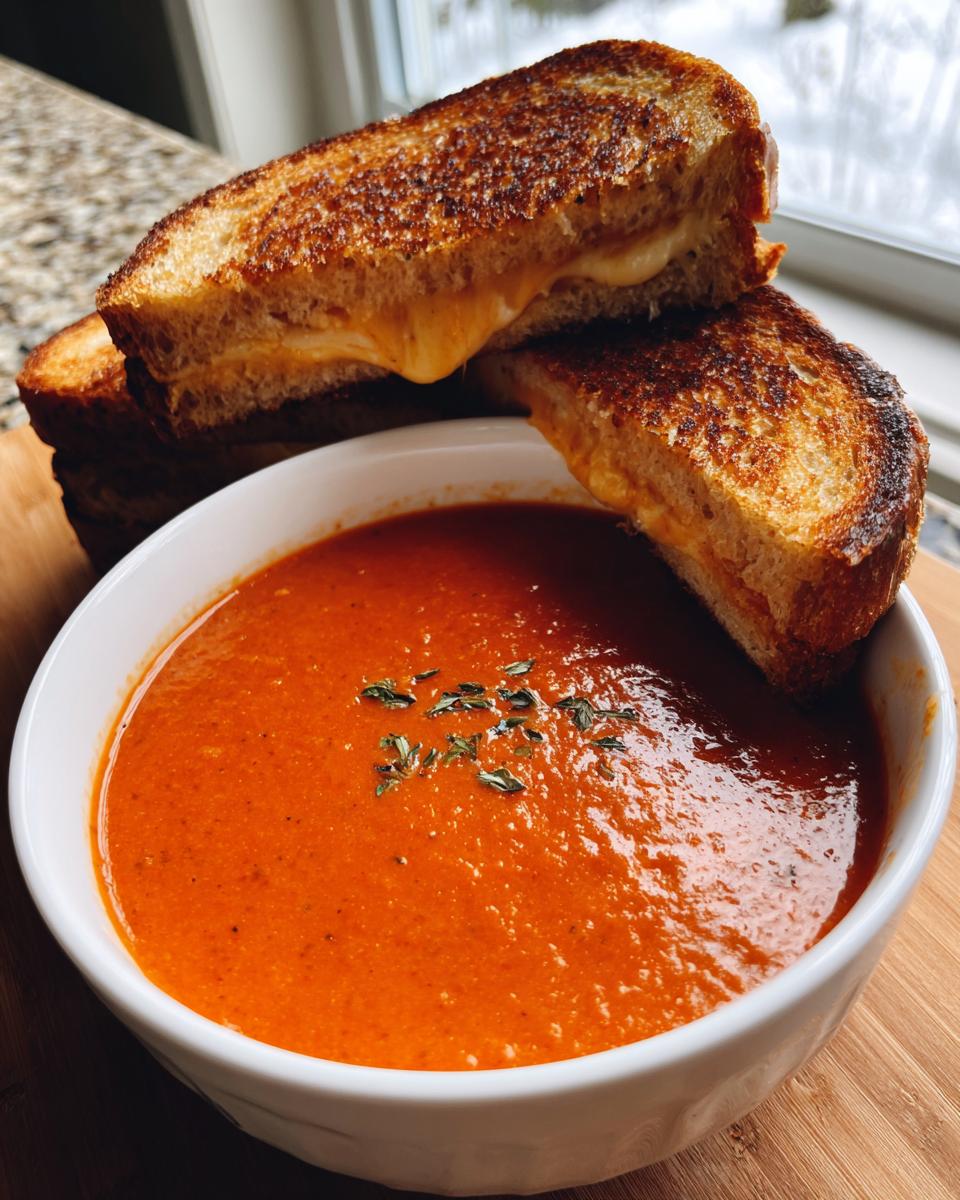A bowl of creamy tomato basil soup served with a golden brown grilled cheese sandwich, a classic pairing from our soup recipes.