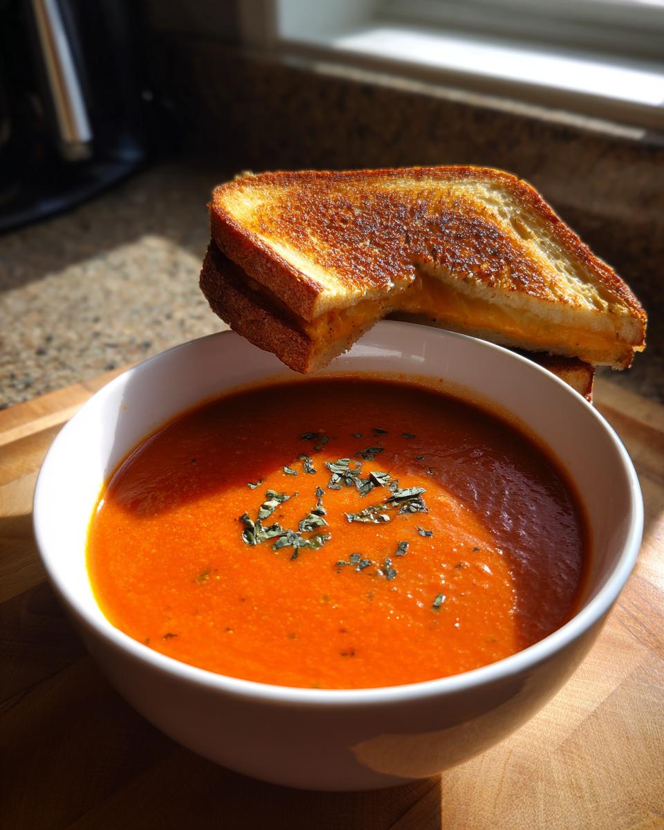 A bowl of creamy tomato basil soup topped with herbs, served with a golden-brown grilled cheese sandwich.