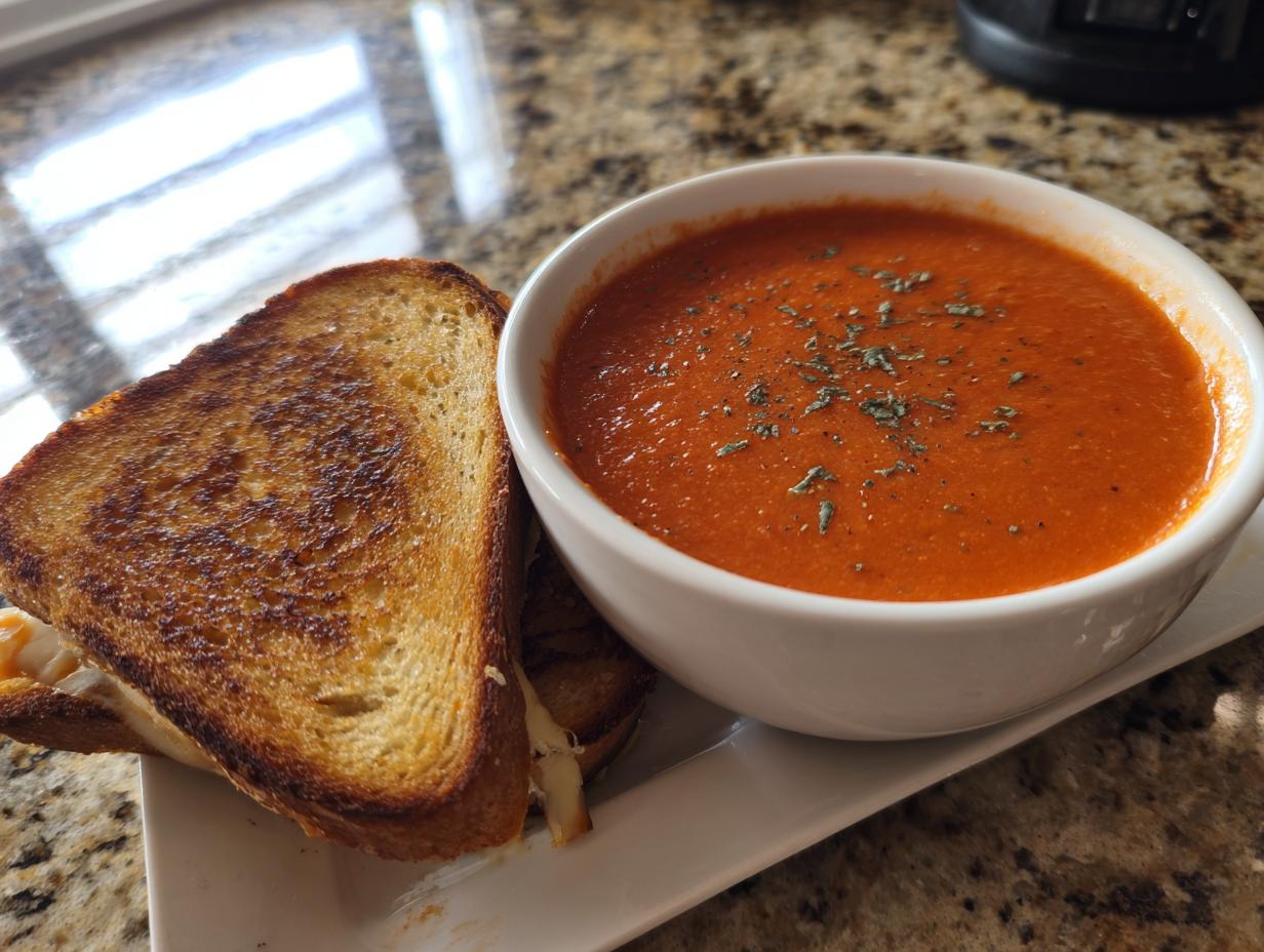 A bowl of creamy tomato basil soup with a grilled cheese sandwich on the side.