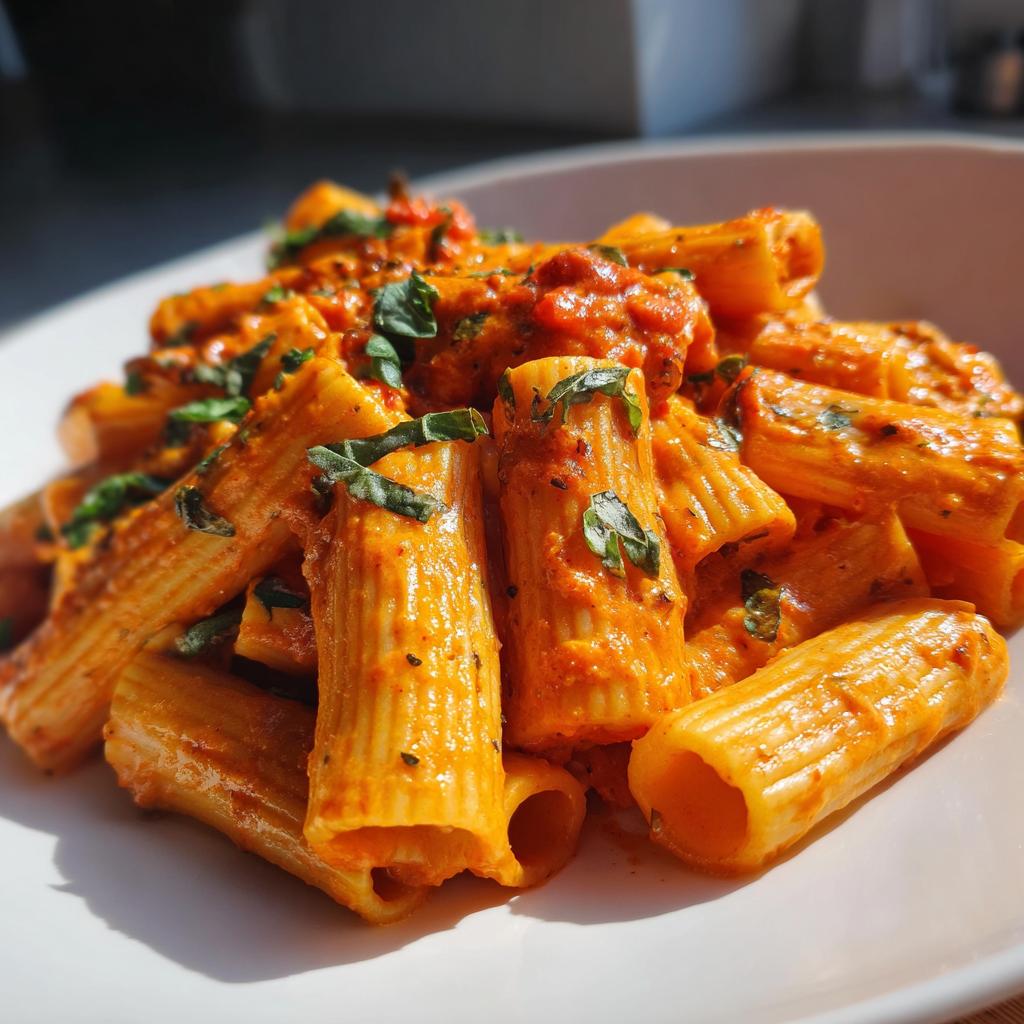A close-up of a white plate filled with creamy tomato rigatoni pasta, garnished with fresh basil.