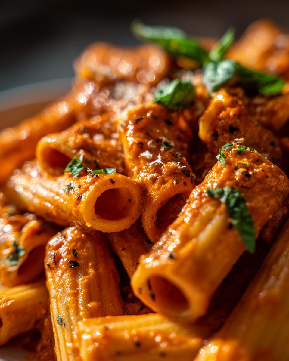 Close-up of creamy tomato rigatoni pasta, garnished with fresh basil and parmesan cheese.