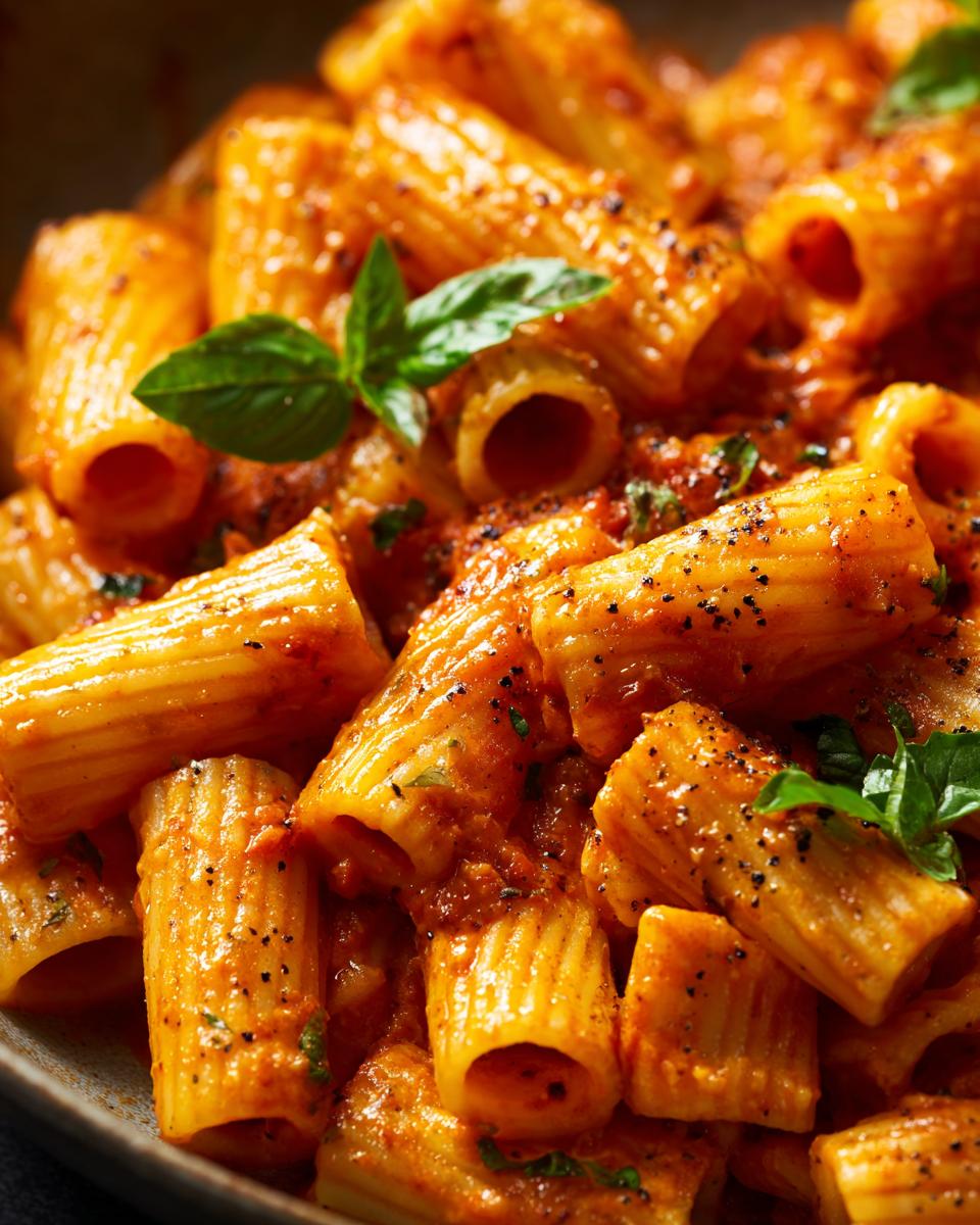 Close-up of creamy tomato rigatoni pasta with fresh basil leaves and cracked black pepper.