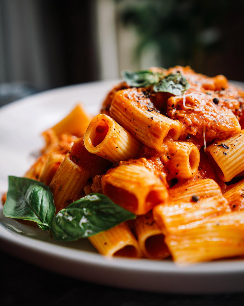Close-up of creamy tomato rigatoni pasta with fresh basil leaves and cracked black pepper.