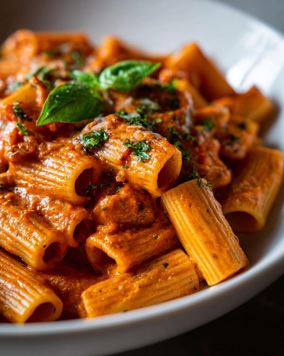 Close-up of creamy tomato rigatoni pasta, garnished with fresh basil and parsley.