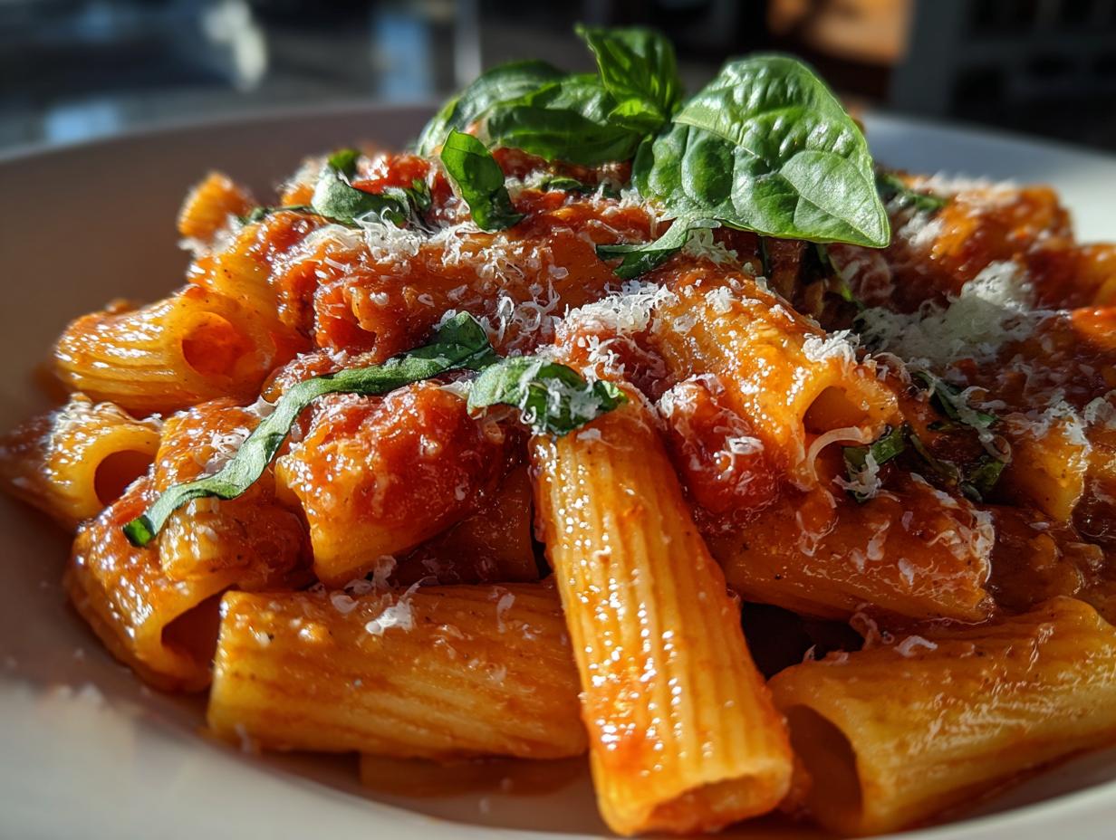 Close-up of creamy tomato rigatoni pasta topped with fresh basil and grated parmesan cheese.