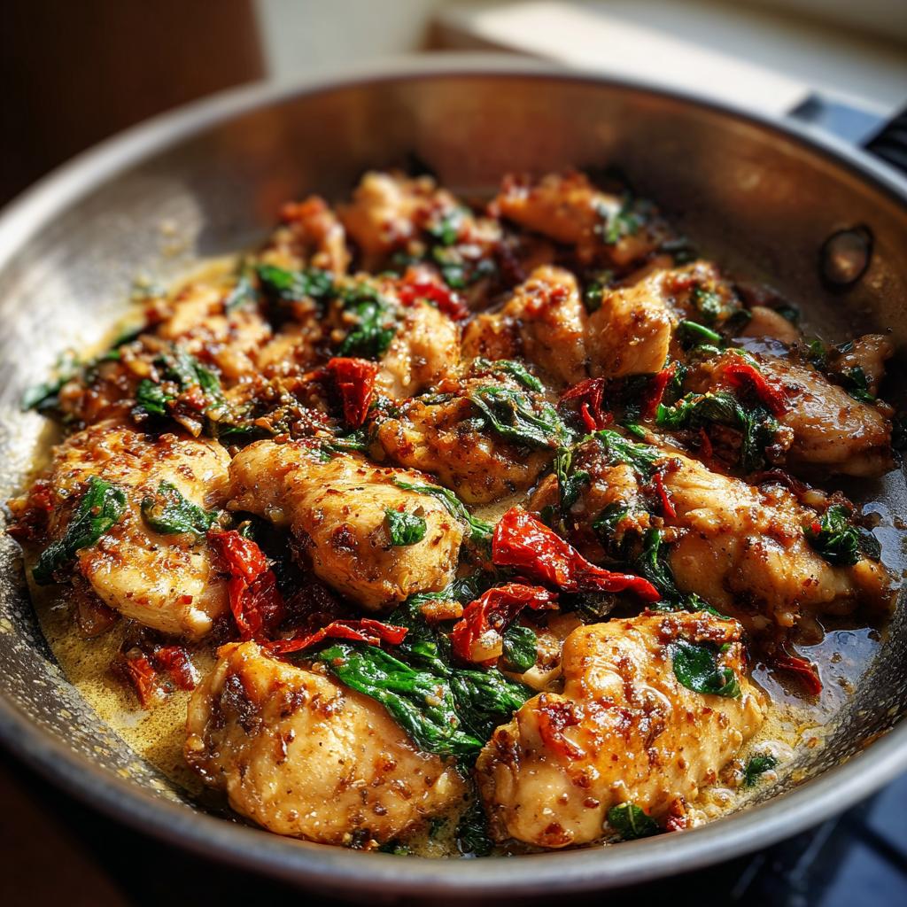 Close-up of tender chicken pieces in a creamy sauce with spinach and sun-dried tomatoes, part of Easy Dinner Recipes.