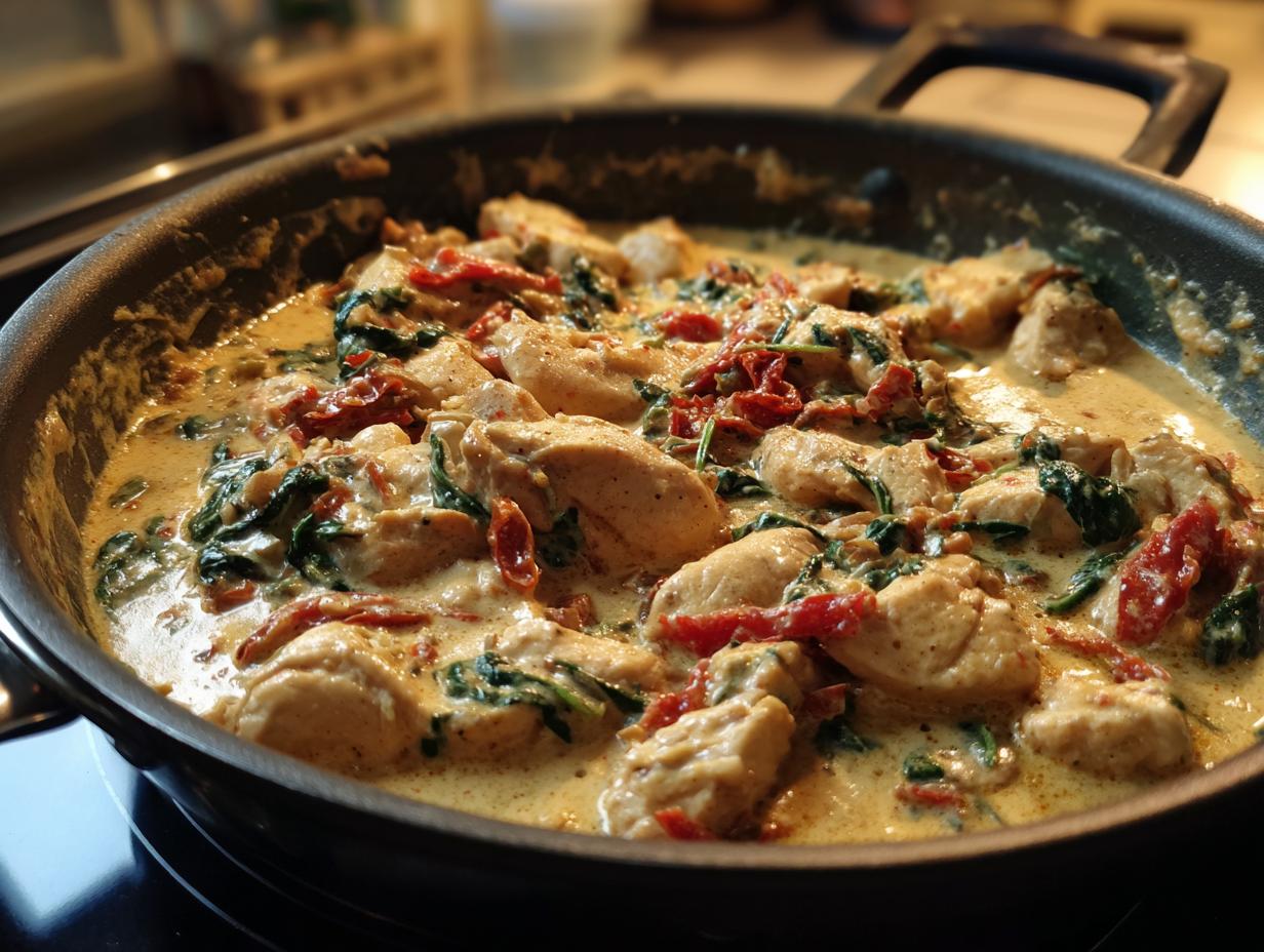 Close-up of tender chicken pieces in a rich, creamy sauce with spinach and sun-dried tomatoes, part of an Easy Dinner Recipe.