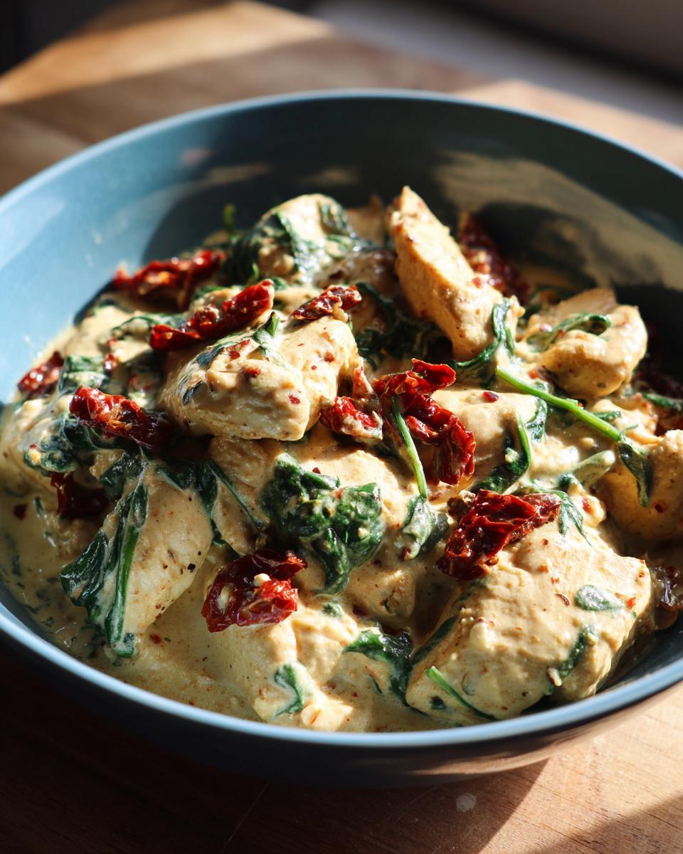 A close-up of Creamy Tuscan Chicken in 30 Minutes, featuring tender chicken pieces in a rich sauce with spinach and sun-dried tomatoes.