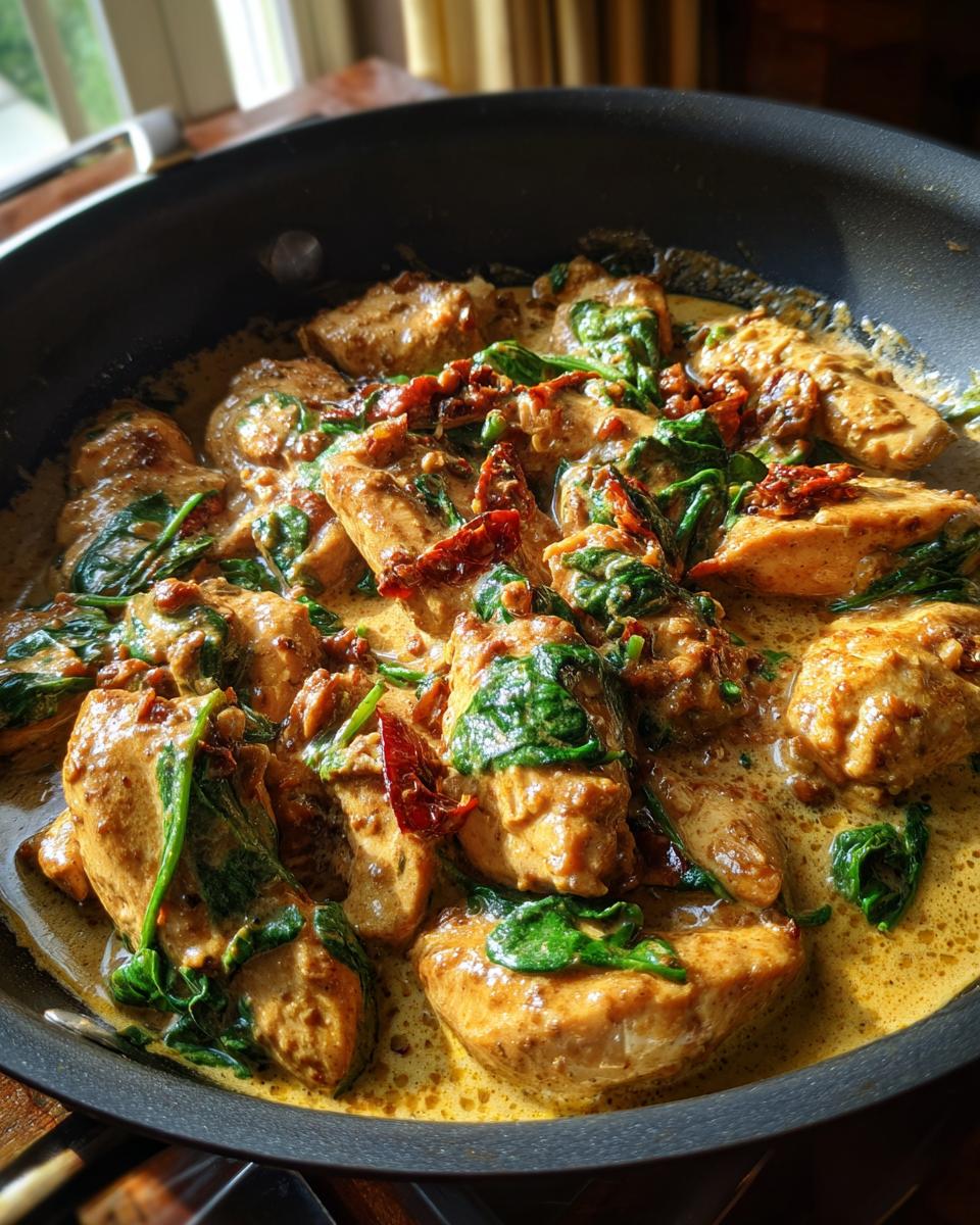 Close-up of creamy Tuscan chicken with spinach and sun-dried tomatoes in a skillet, perfect for easy dinner recipes.