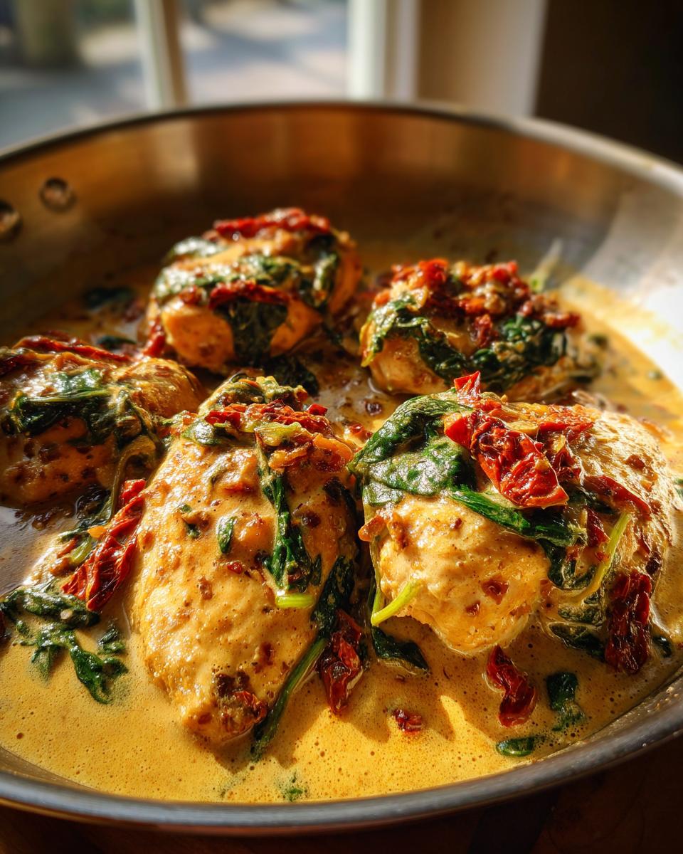Close-up of Creamy Tuscan Chicken breasts in a skillet with spinach and sun-dried tomatoes.
