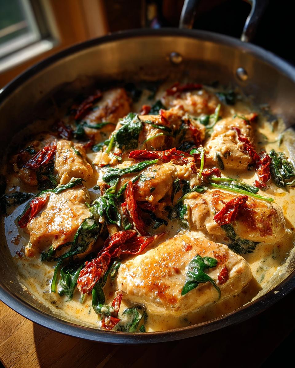 Close-up of Creamy Tuscan Chicken in a skillet with sun-dried tomatoes and spinach.