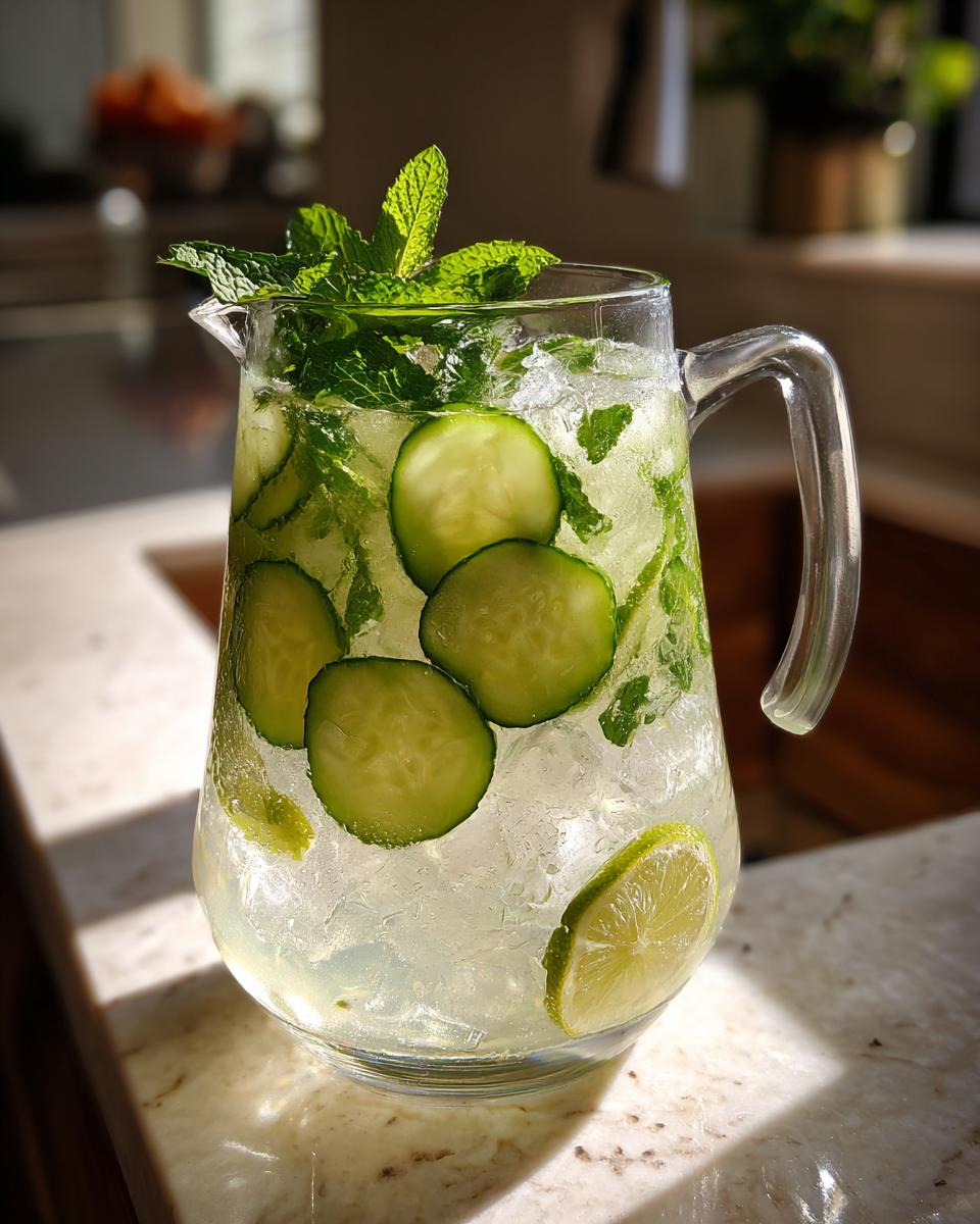 A pitcher filled with ice, cucumber slices, mint, and lime, ready to serve as Cucumber Agua Fresca.