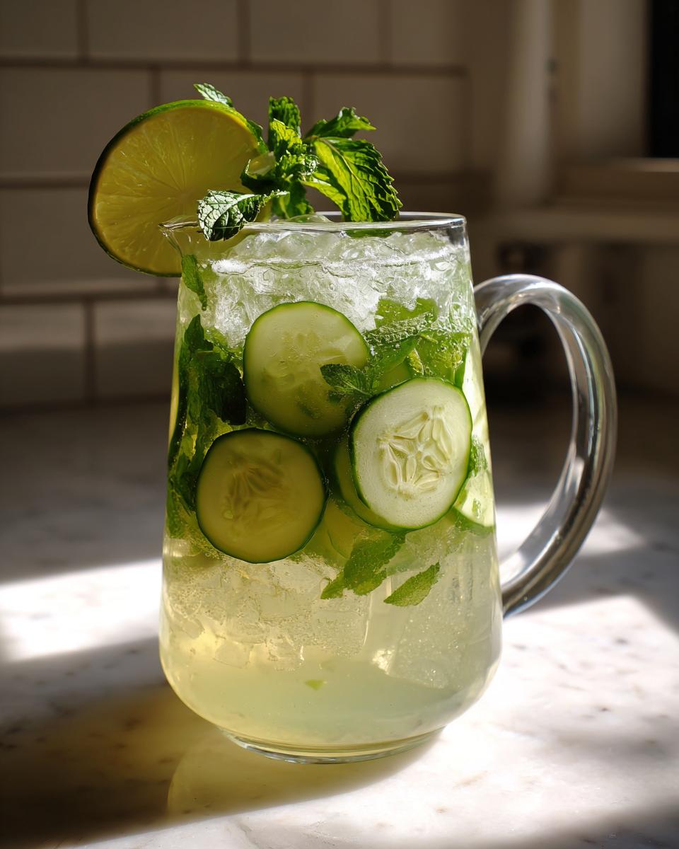 A pitcher filled with refreshing Cucumber Agua Fresca, featuring cucumber slices, mint leaves, and a lime wedge garnish.