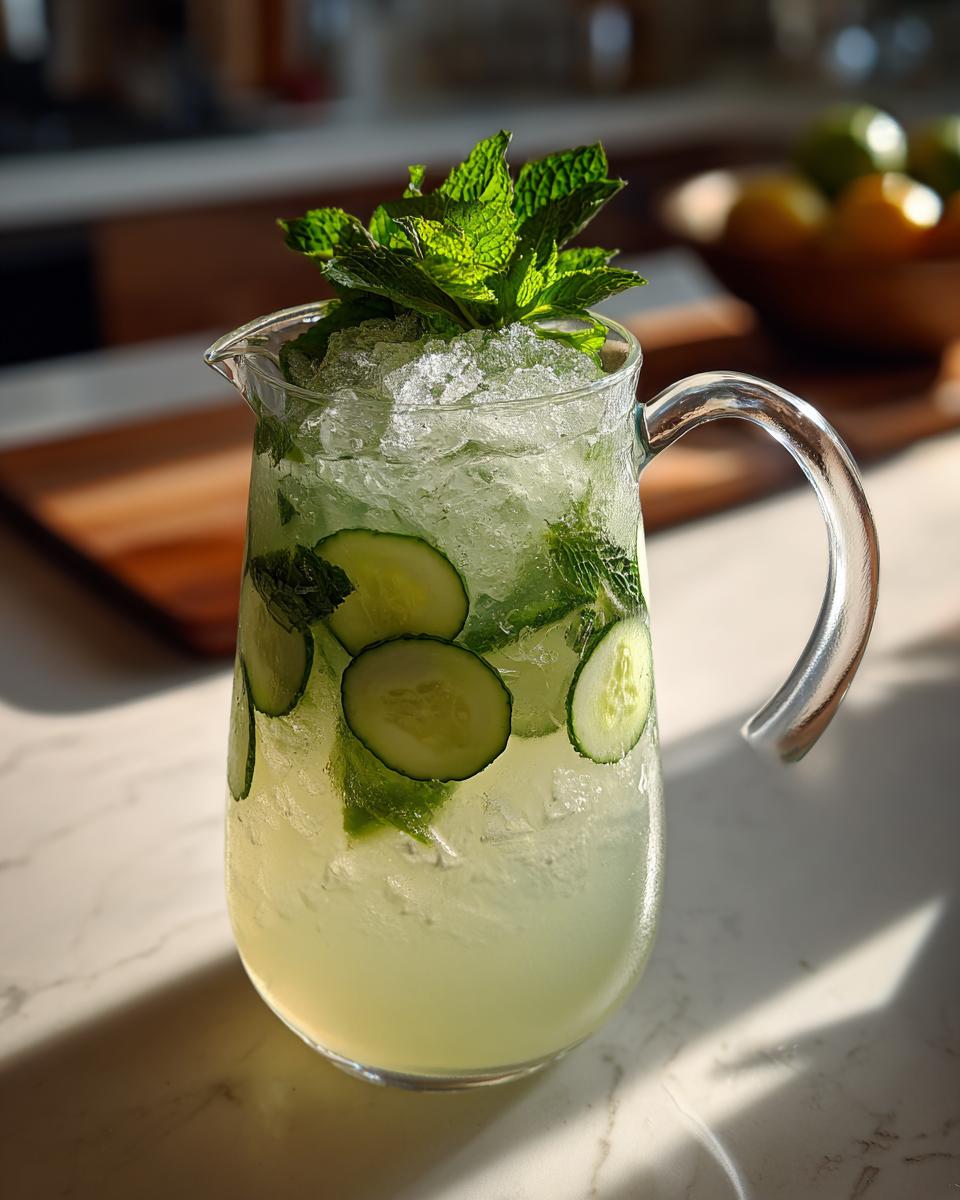 A pitcher filled with ice, cucumber slices, mint, and a pale green liquid, perfect for a Watermelon Recipe.