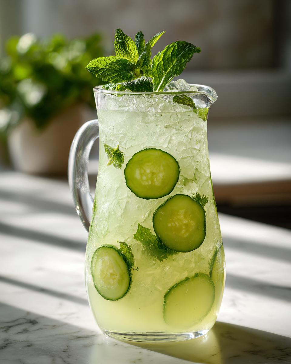 A pitcher filled with ice, cucumber slices, mint, and Cucumber Agua Fresca, perfect for backyard parties.