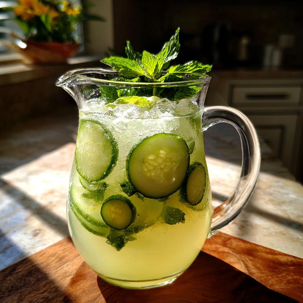 A pitcher filled with Cucumber Agua Fresca, ice, cucumber slices, and mint leaves, ready for a backyard party.