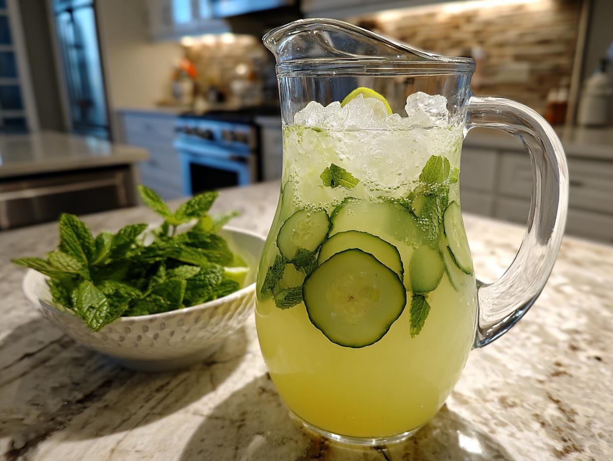 A pitcher filled with refreshing Cucumber Agua Fresca, featuring cucumber slices, mint, and ice.