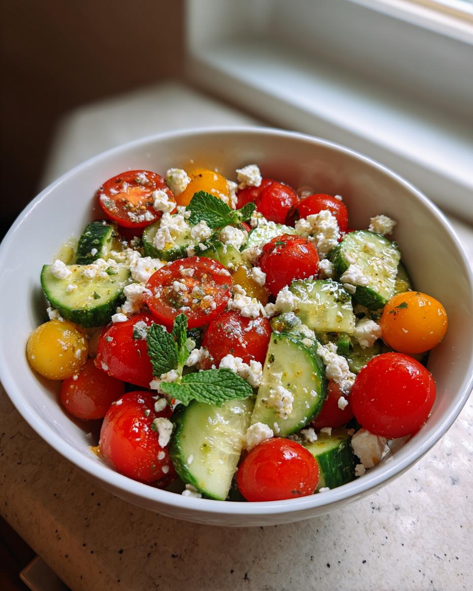 A refreshing summer salad with cucumber, cherry tomatoes, feta cheese, and mint, perfect for cookouts.