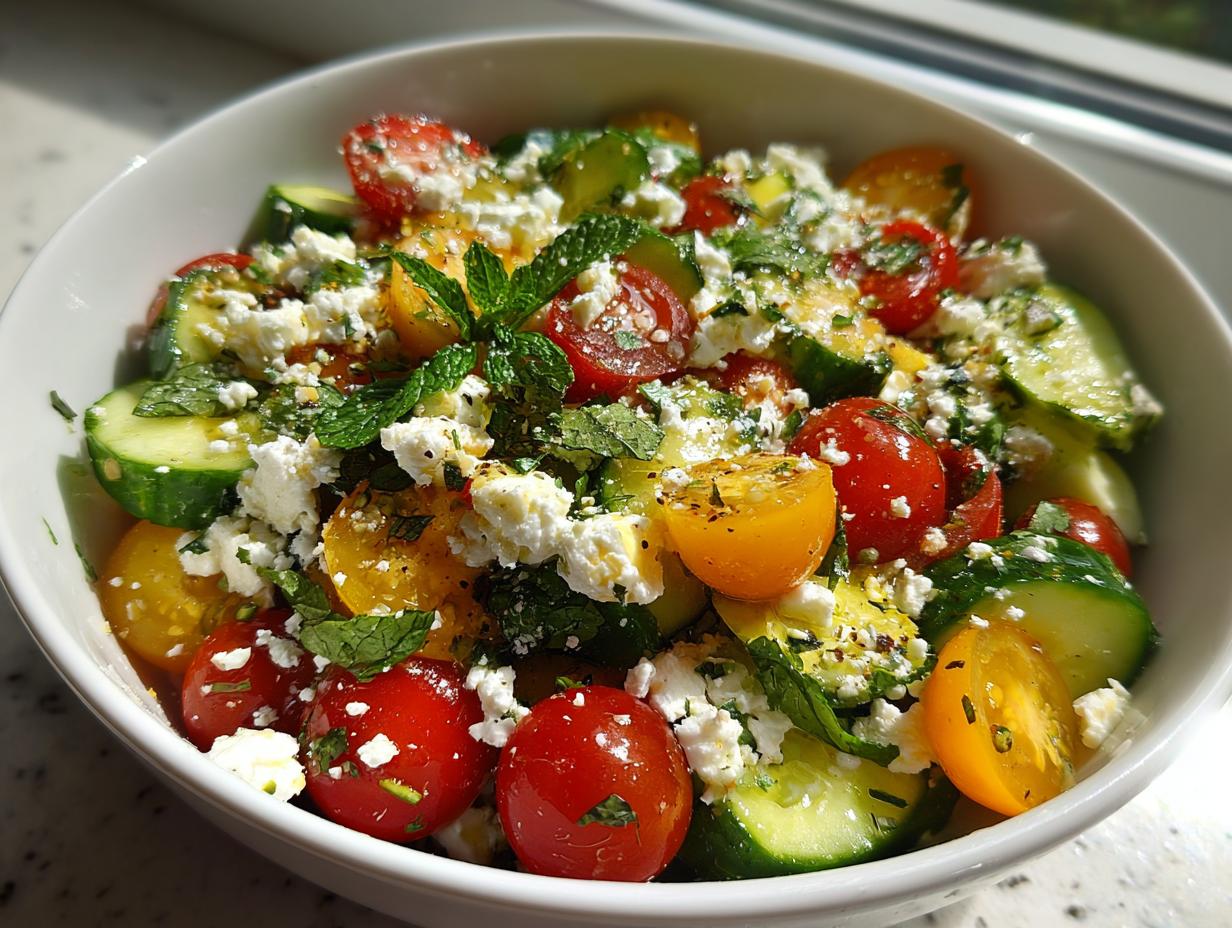 A refreshing summer salad with cucumber, cherry tomatoes, feta cheese, and mint, perfect for cookouts.