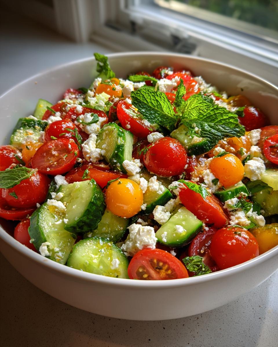 A vibrant bowl of summer salad recipes with cucumber, tomato, and feta, perfect for cookouts.