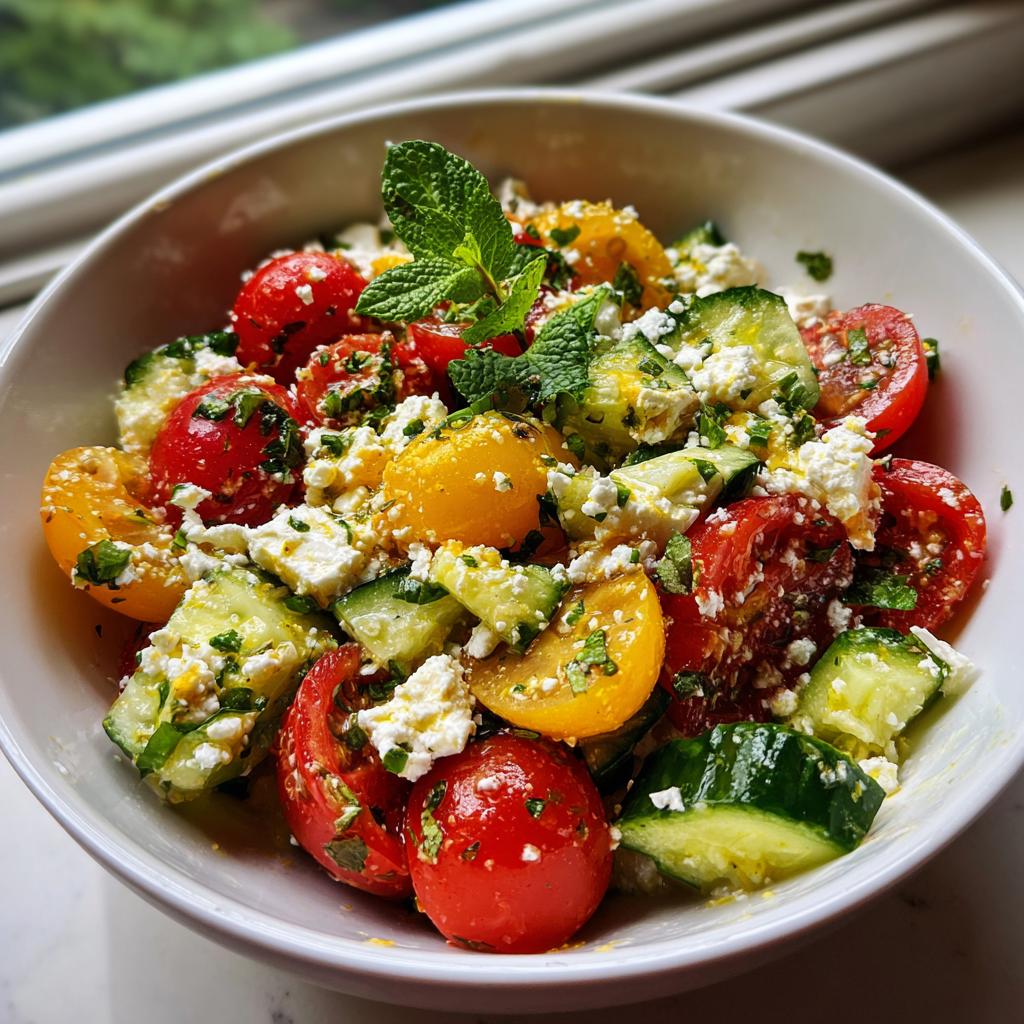 A vibrant bowl of summer salad with cucumber, tomato, feta cheese, and mint, perfect for cookouts.