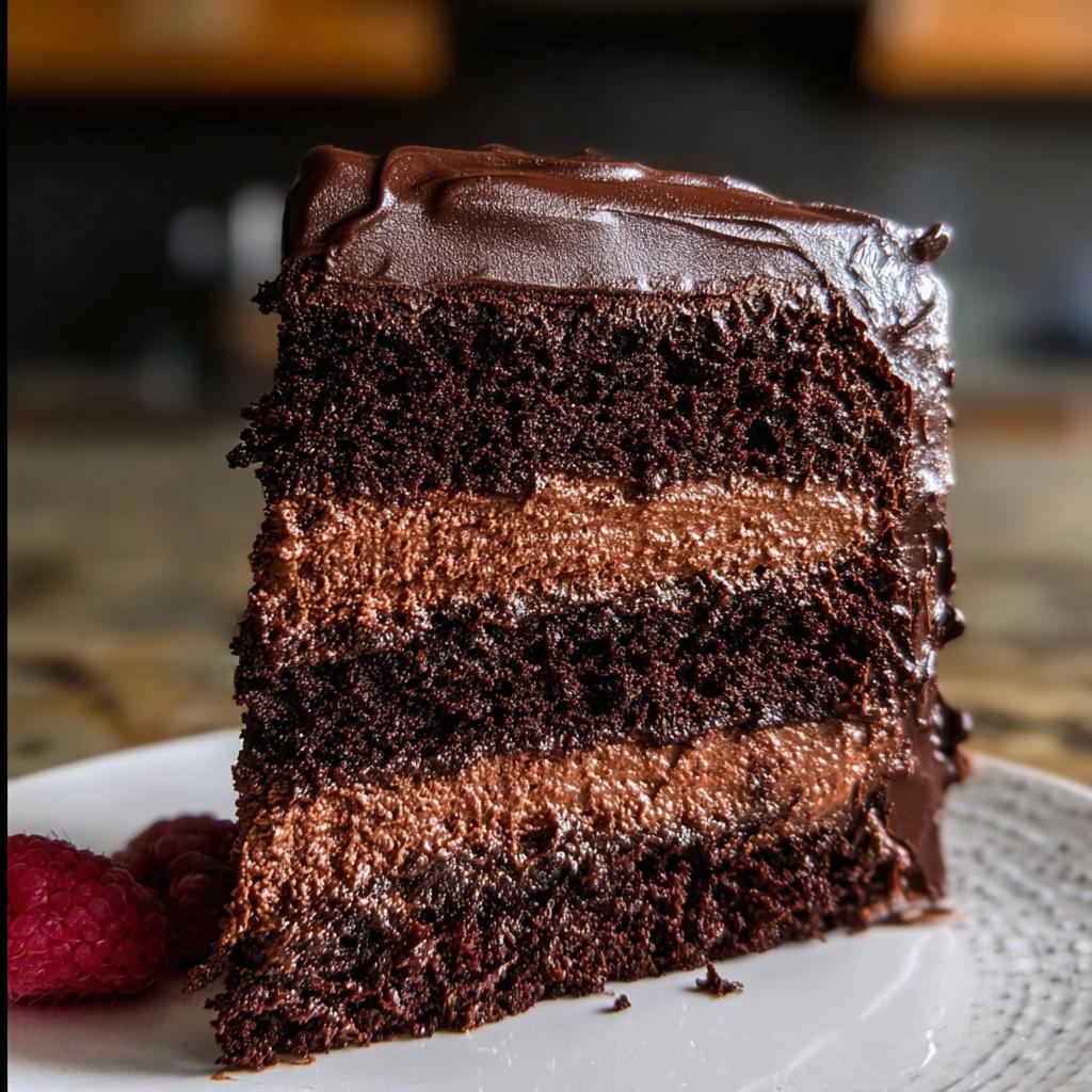 A rich slice of Dark Chocolate Mousse Cake with layers of chocolate cake and mousse, topped with ganache.