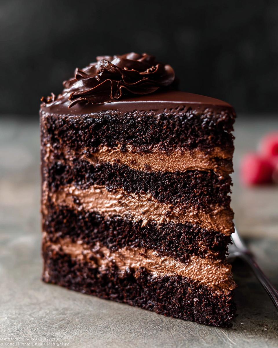 A rich slice of Dark Chocolate Mousse Cake with layers of moist chocolate cake and creamy chocolate mousse, topped with chocolate ganache.