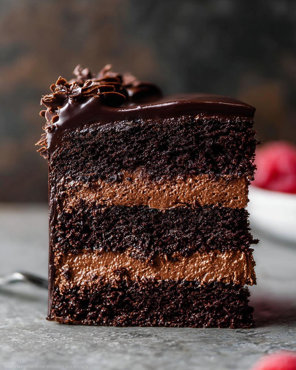 A rich slice of Dark Chocolate Mousse Cake with layers of chocolate cake and creamy mousse, topped with chocolate ganache.