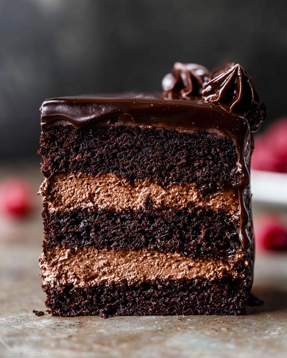 A decadent slice of dark chocolate mousse cake with layers of chocolate cake and rich mousse, topped with ganache.