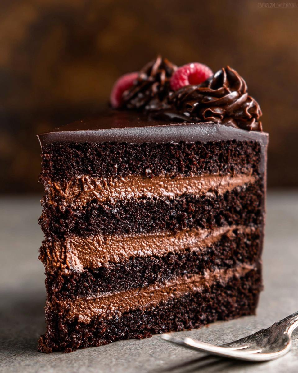 A rich slice of Dark Chocolate Mousse Cake with layers of chocolate cake and mousse, topped with raspberries.