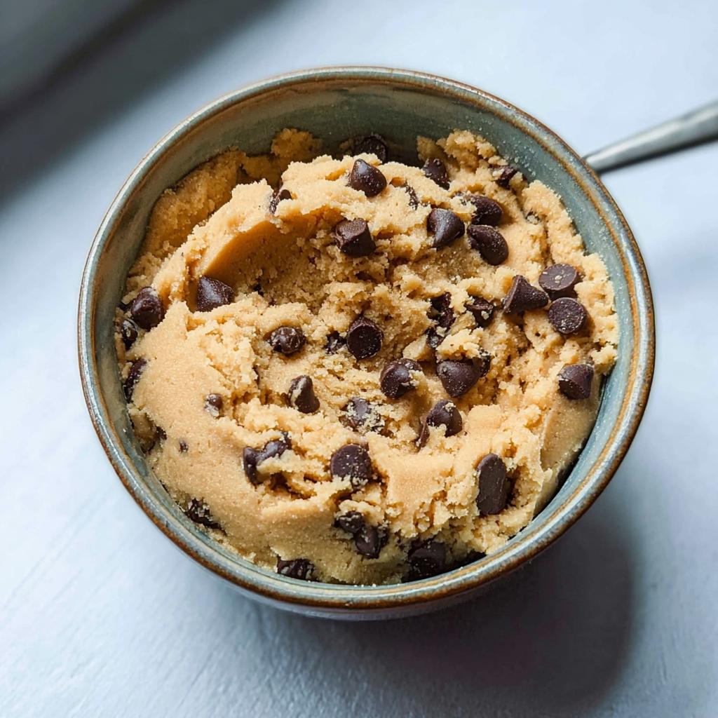 A bowl filled with delicious protein cookie dough studded with mini chocolate chips.
