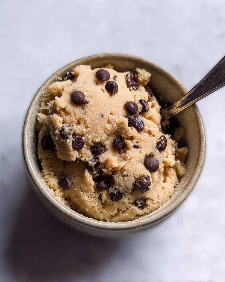 A bowl of delicious protein cookie dough loaded with chocolate chips, with a spoon inside.