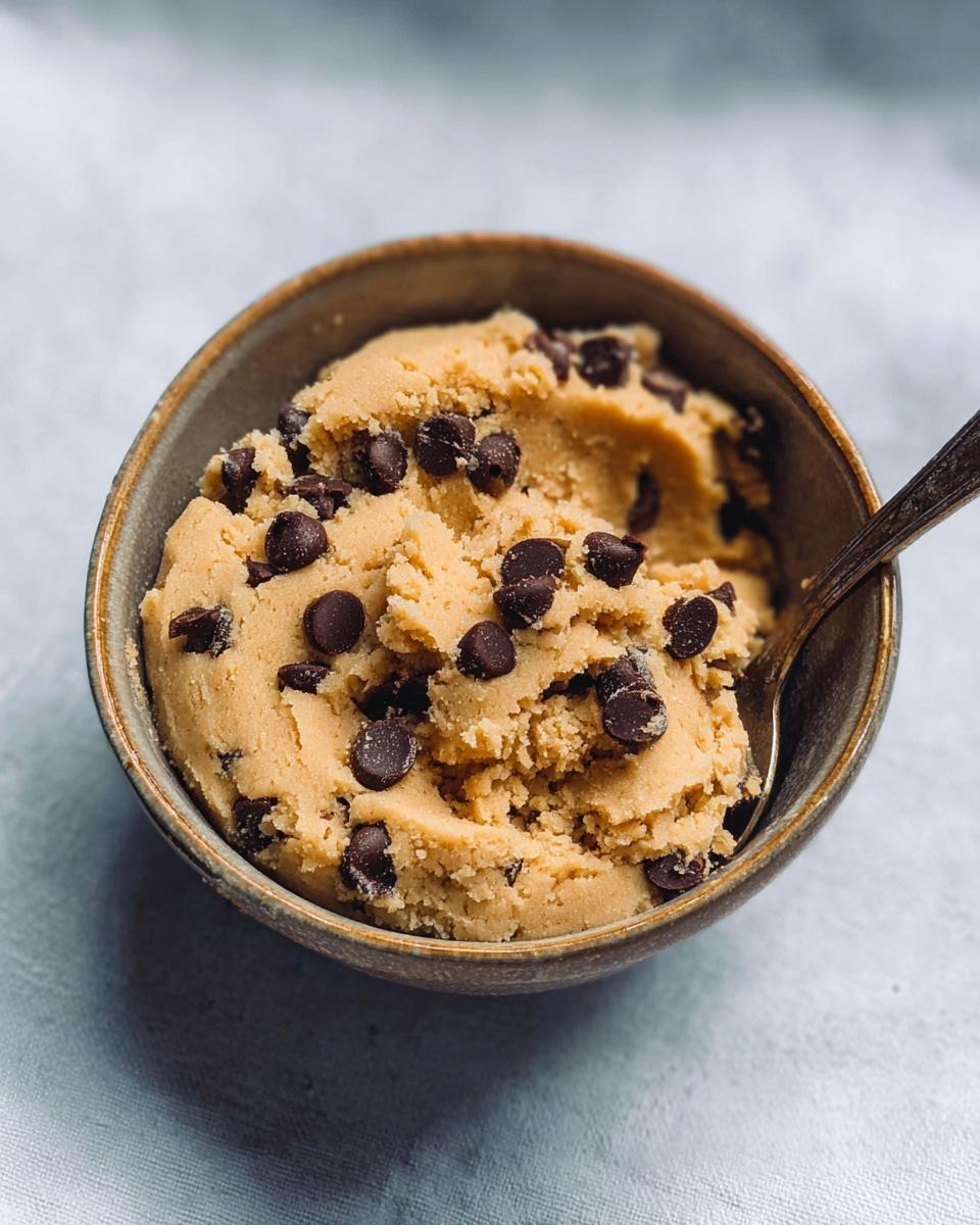 A bowl of delicious protein cookie dough loaded with chocolate chips, ready to be enjoyed.