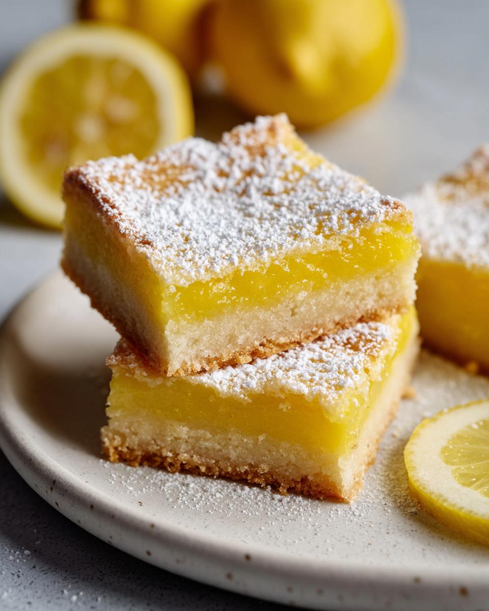 Two stacked lemon bars dusted with powdered sugar, with whole and sliced lemons in the background.