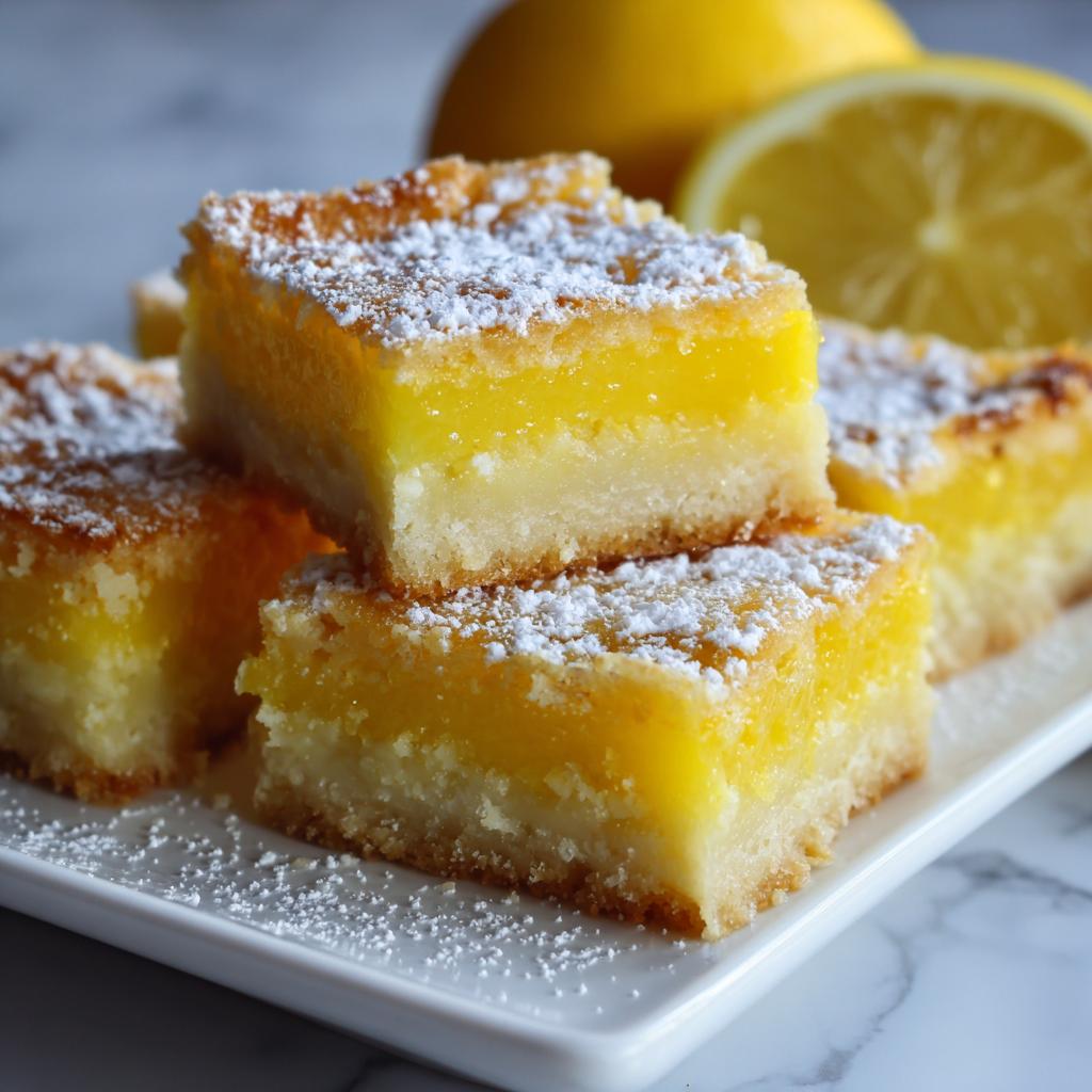 Close-up of stacked lemon bars dusted with powdered sugar, showcasing their bright yellow citrus filling and shortbread crust.