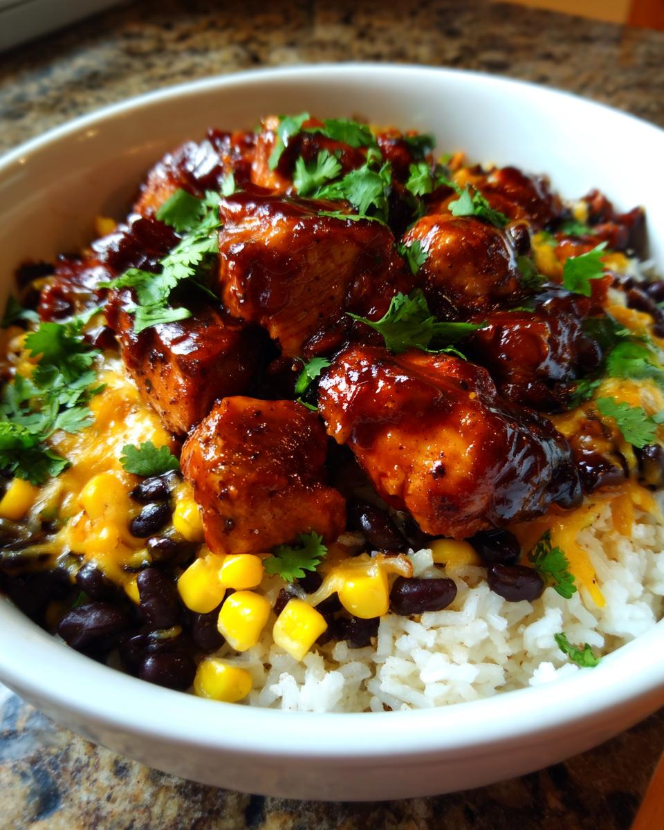 Close-up of a bowl of BBQ chicken, rice, black beans, corn, and melted cheese, topped with cilantro.
