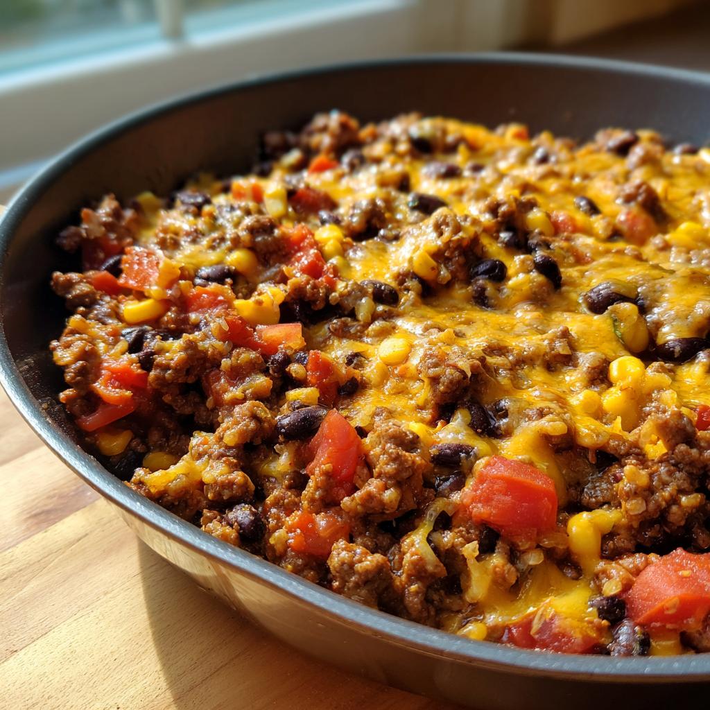 Close-up of an Easy Beef Taco Skillet Dinner with ground beef, black beans, corn, tomatoes, and melted cheese.
