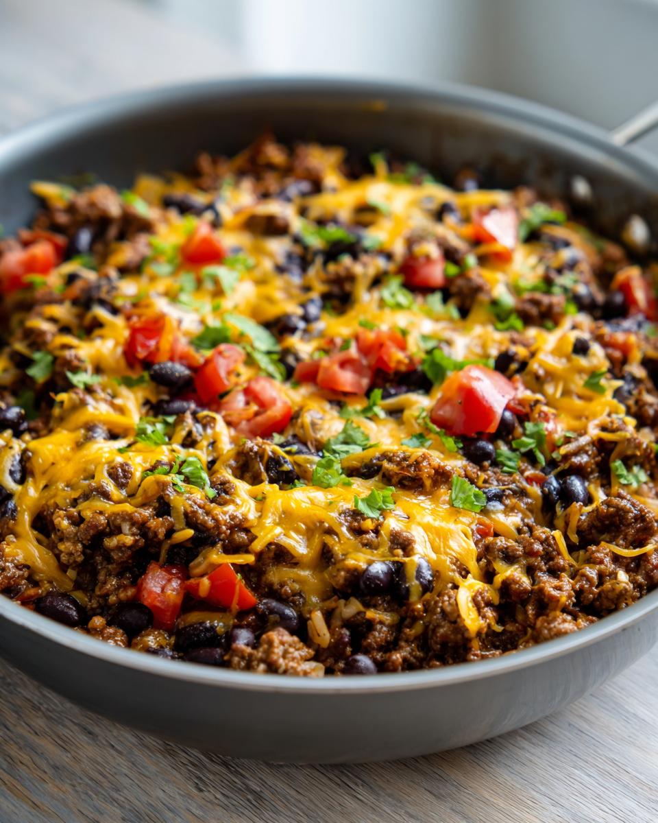 Close-up of a beef taco skillet with melted cheese, black beans, and diced tomatoes, a perfect easy dinner recipe.