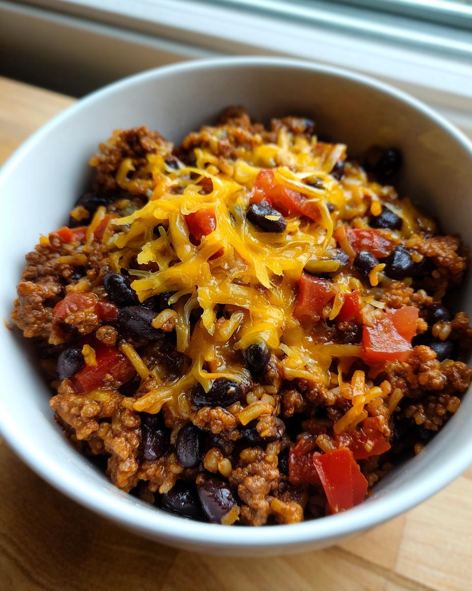 A close-up of a bowl filled with an Easy Beef Taco Skillet Dinner, featuring ground beef, black beans, rice, tomatoes, and melted cheese.