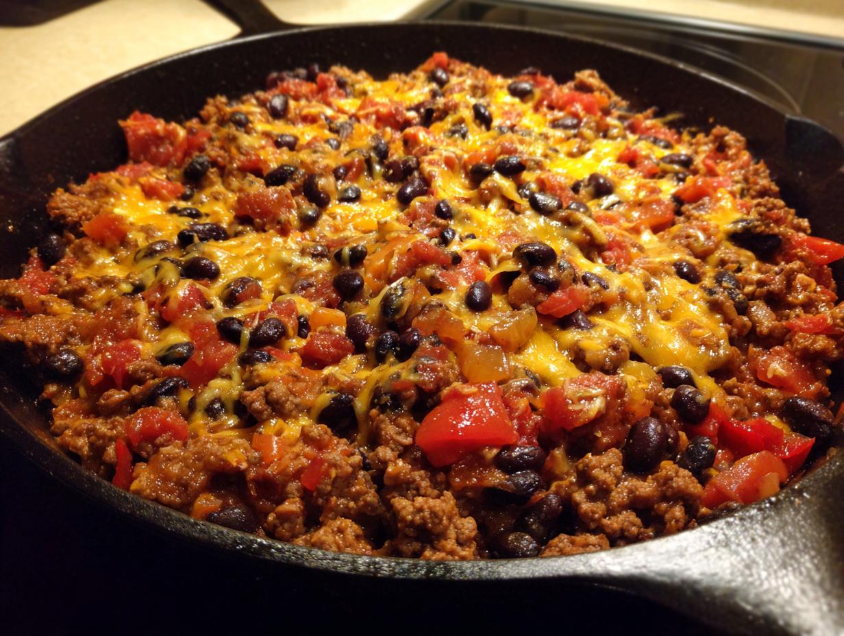 Close-up of a hearty Beef Taco Skillet Dinner in a cast iron pan, topped with melted cheese and black beans.