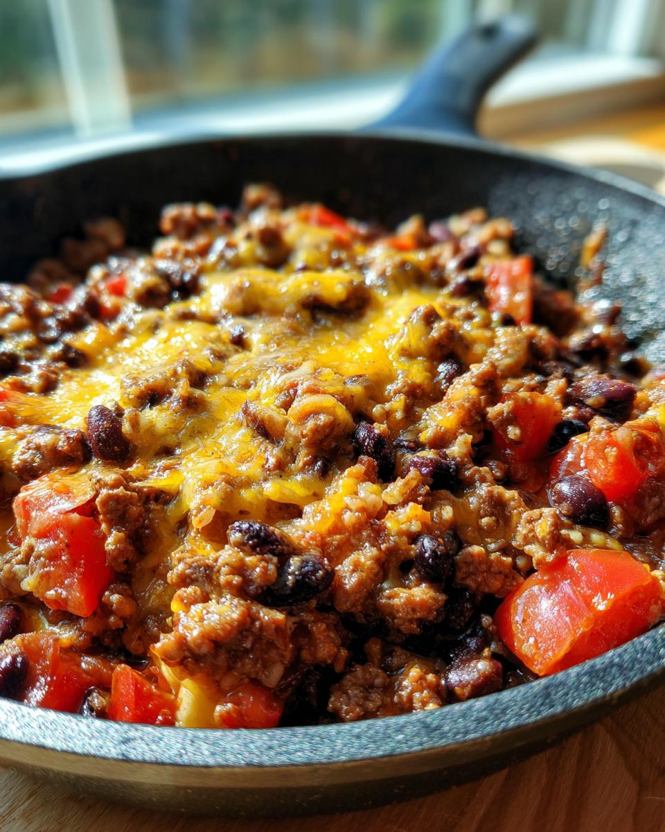 Close-up of a beef taco skillet filled with seasoned ground beef, black beans, tomatoes, and topped with melted cheddar cheese.