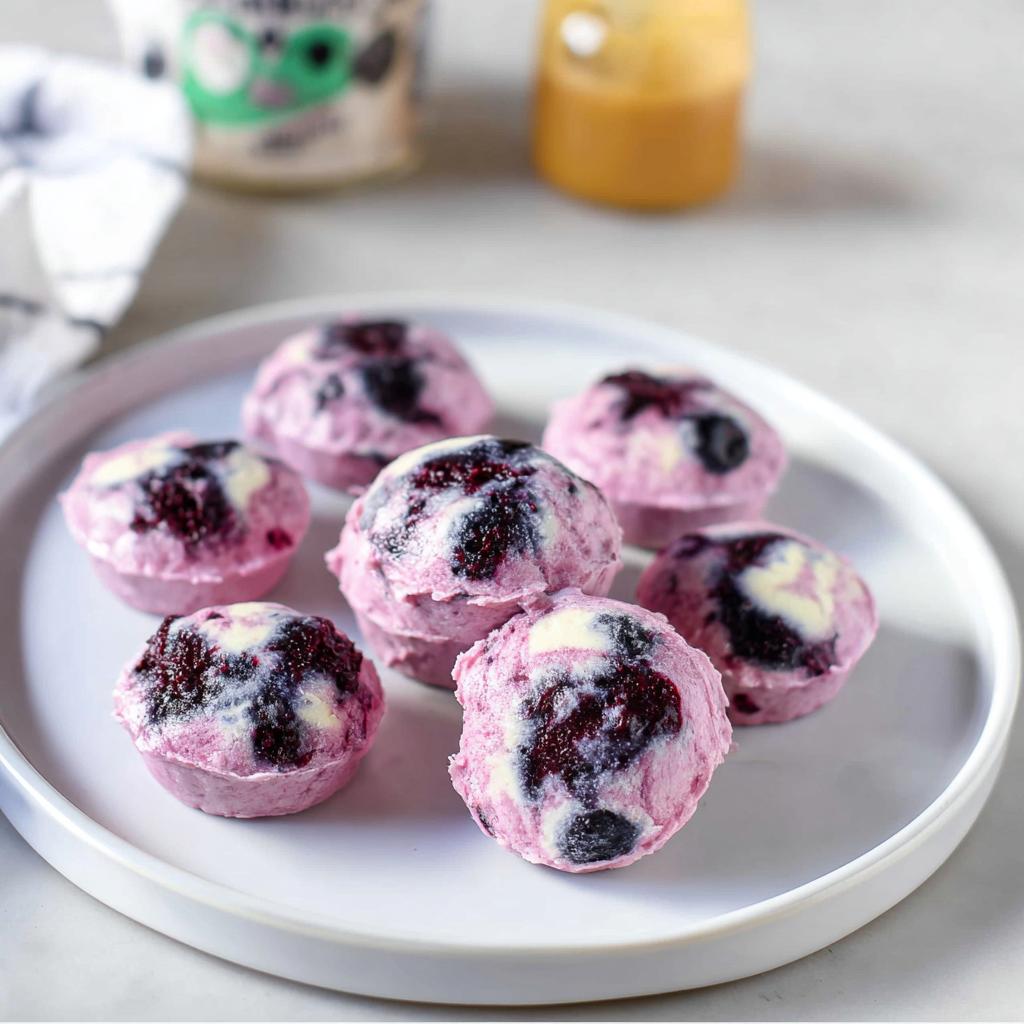 A plate of seven Easy Blueberry Swirl Yogurt Bites with visible swirls of blueberry and yogurt.