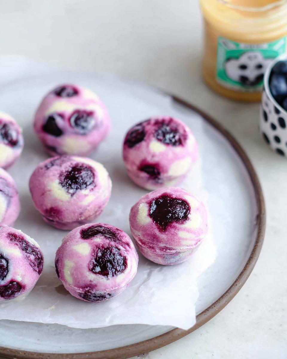 Close-up of Easy Blueberry Swirl Yogurt Bites on a plate, showing the purple swirl and blueberry pieces.