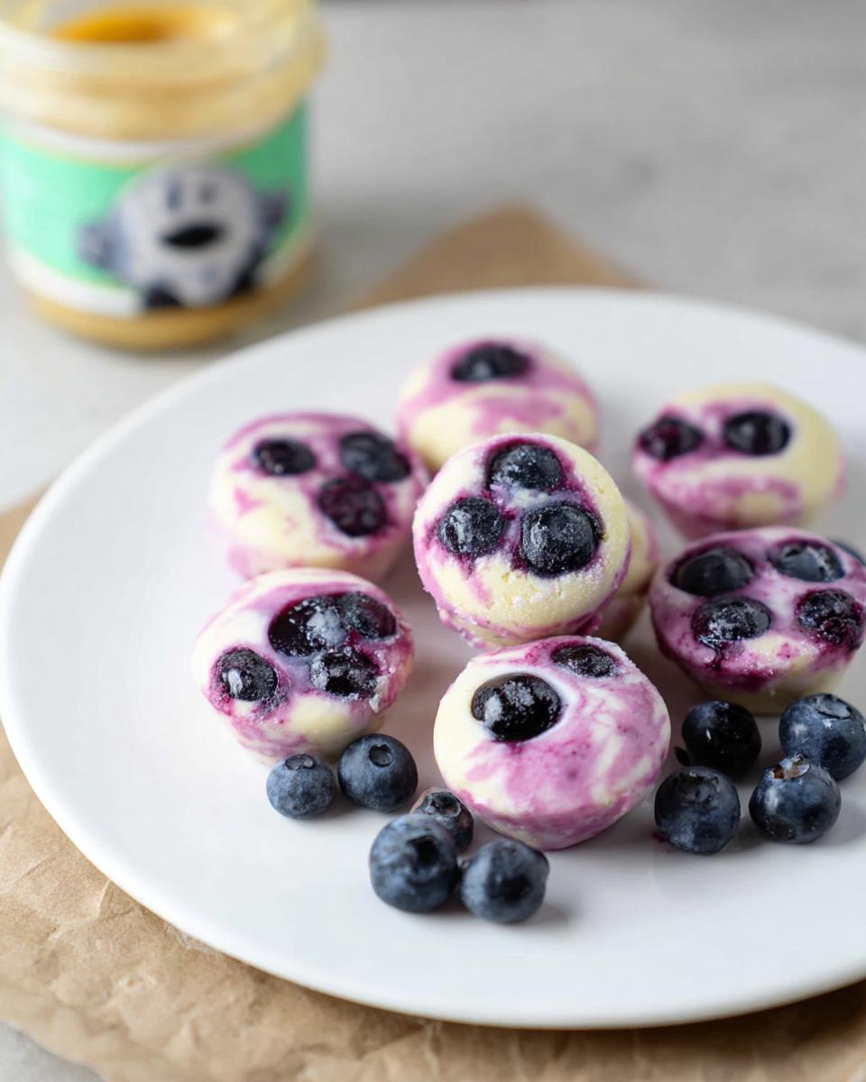 A plate of easy blueberry swirl yogurt bites with fresh blueberries scattered around.