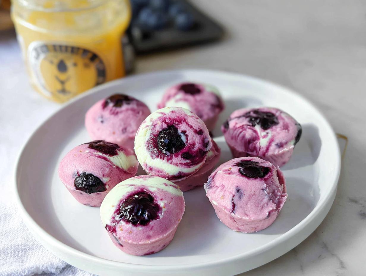 A plate of Easy Blueberry Swirl Yogurt Bites with a swirl of blueberry and yogurt.