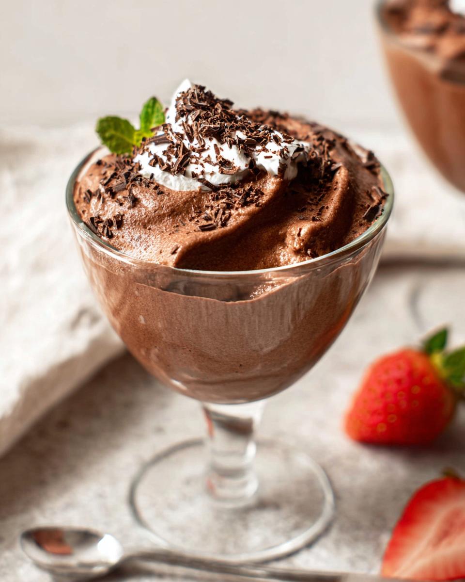 A serving of Easy Cottage Cheese Chocolate Mousse topped with whipped cream, chocolate shavings, and a mint leaf.
