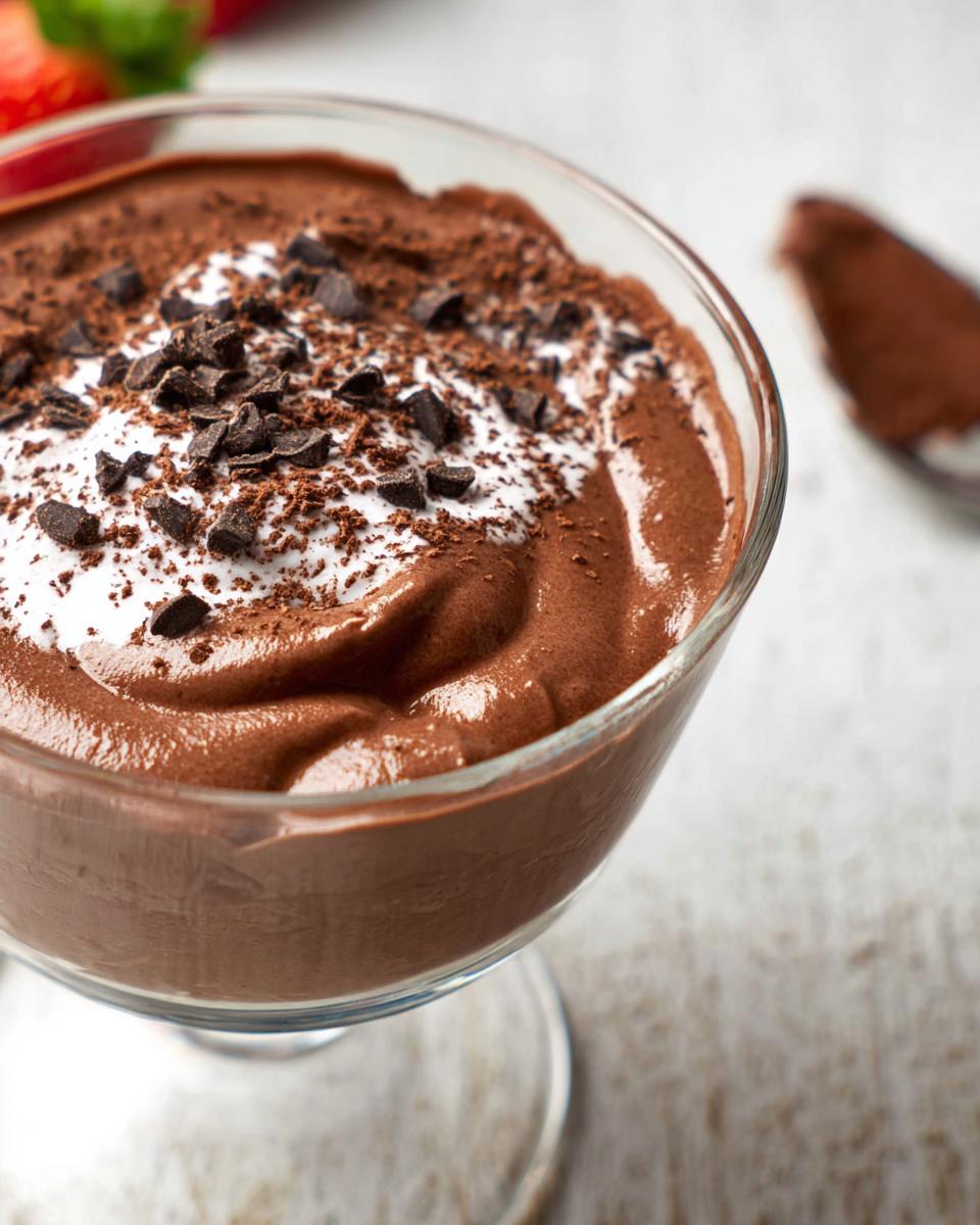 A close-up of a glass dish filled with Easy Cottage Cheese Chocolate Mousse, topped with whipped cream and chocolate shavings.